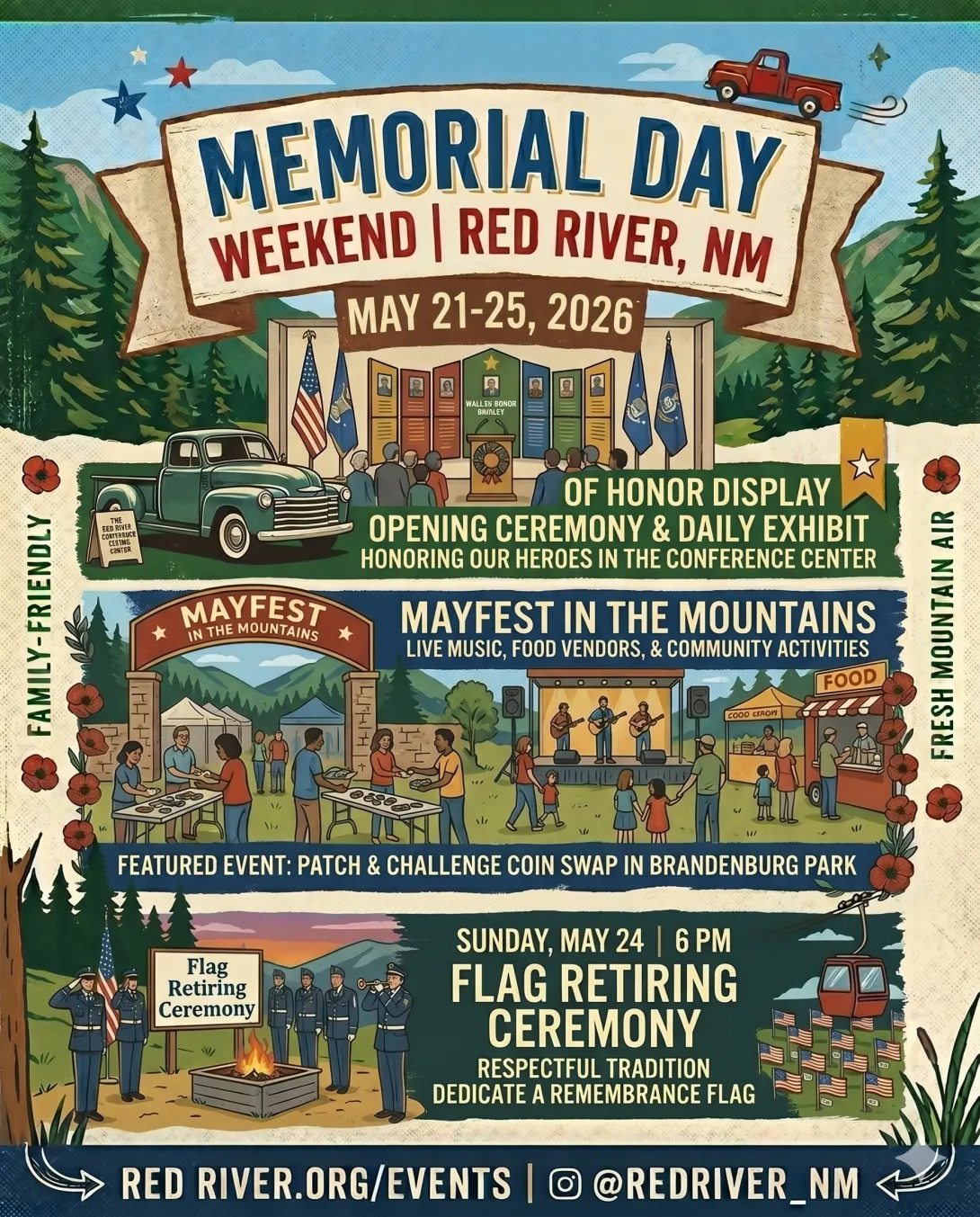 An illustrated vintage-style event poster for Memorial Day Weekend in Red River, NM, from May 21-25, 2026. The poster highlights three main events: a Wall of Honor Display and Opening Ceremony at the Conference Center featuring a classic green pickup truck; Mayfest in the Mountains at Brandenburg Park showing a community gathering with live music, food vendors, and a Patch & Challenge Coin Swap; and a Flag Retiring Ceremony.